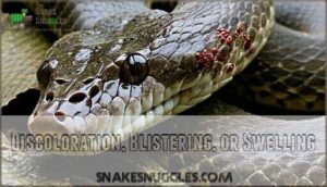 discoloration, blistering, or swelling