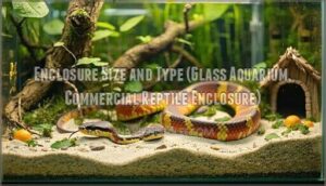 enclosure size and type (glass aquarium, commercial reptile enclosure)