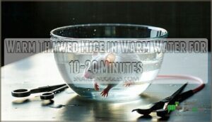 warm thawed mice in warm water for 10-20 minutes