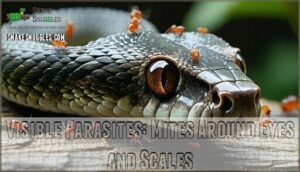visible parasites: mites around eyes and scales