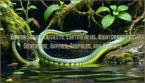 ribbon snake: crickets, earthworms, nightcrawlers, silverside, guppies, tadpoles, and rodents ribbon snake: crickets, earthworms, nightcrawlers, silverside, guppies, tadpoles, and rodents