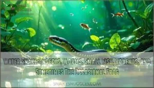 water snake: insects, worms, small fish, rodents, and sometimes the occasional frog water snake: insects, worms, small fish, rodents, and sometimes the occasional frog