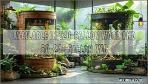 available in 120-gallon wood and 60-240 gallon pvc