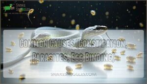 common causes (constipation, parasites, egg binding)