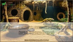 essential enclosure accessories (hides, water bowls, climbing options)