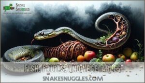 fish, fruits, and vegetables