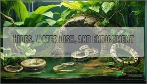 hides, water dish, and enrichment
