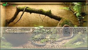 water bowls, hides, and climbing branches