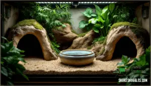 essential accessories (hides, water bowls, plants)