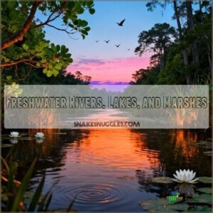 freshwater rivers, lakes, and marshes