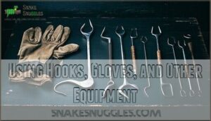 using hooks, gloves, and other equipment
