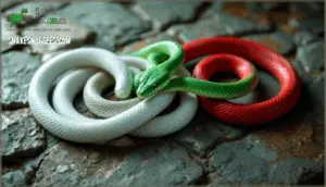 white, green, and red snakes