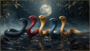black, red, yellow, blue, and gold snakes black, red, yellow, blue, and gold snakes