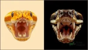 lack of fangs or venom glands lack of fangs or venom glands