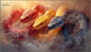 red, yellow, and blue snakes