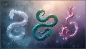 white, green, and pink snakes
