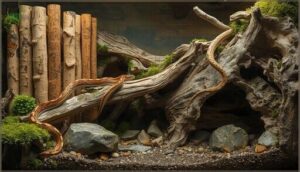 cork bark, driftwood, and rocks cork bark, driftwood, and rocks