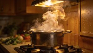 cook with uncovered pots to release steam cook with uncovered pots to release steam