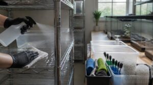 clean surrounding shelves and equipment clean surrounding shelves and equipment