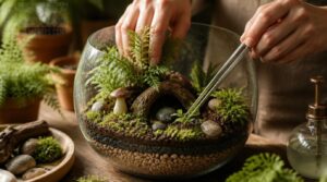 plant, decorate, and seal the terrarium plant, decorate, and seal the terrarium