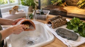 clean hides and decor; replace substrate as needed clean hides and decor; replace substrate as needed