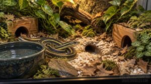 substrate, hides, plants, and water substrate, hides, plants, and water